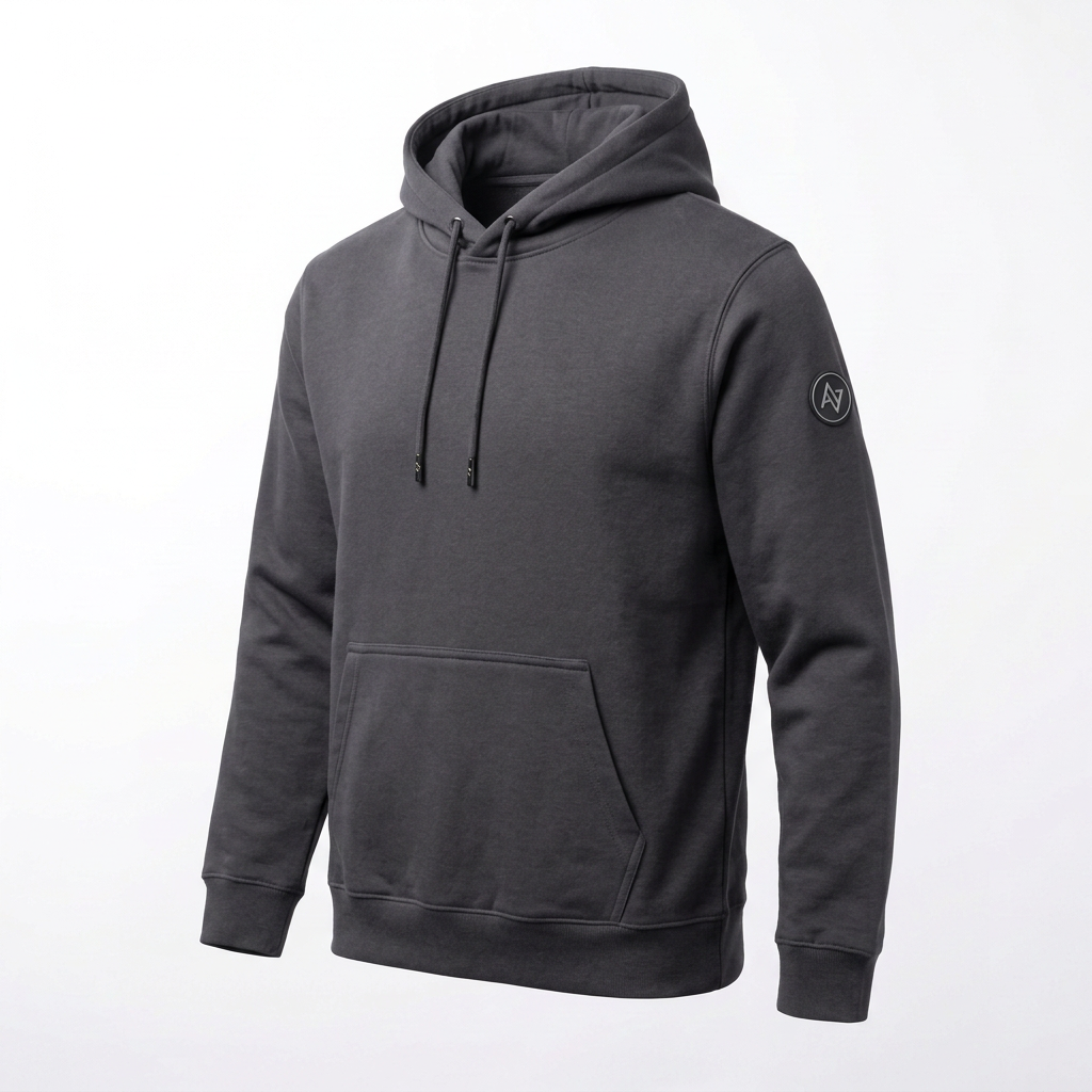 Angled product shot of the grey hoodie
