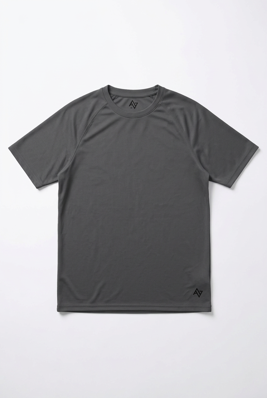 Front-view charcoal-grey T-shirt with black logos