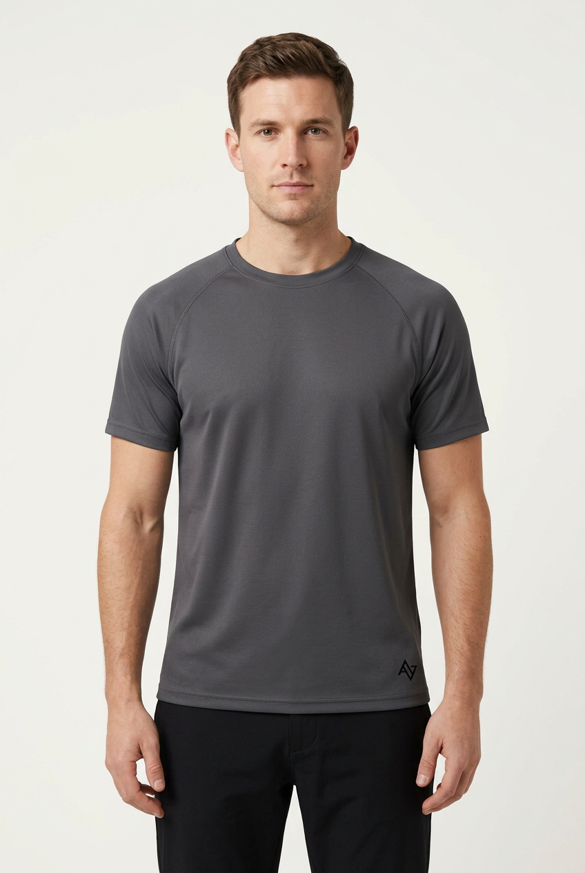 Male model wearing charcoal-grey T-shirt with black logo