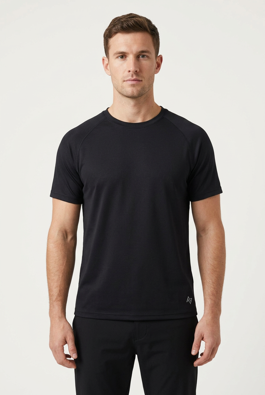 Male model wearing original dark T-shirt with silver logo