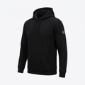 Product shot of the black hoodie with the logo on the left arm