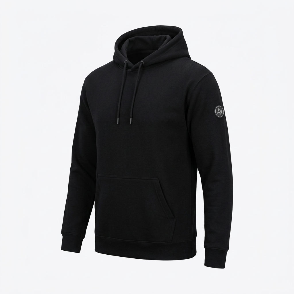 Product shot of the black hoodie with the logo on the left arm